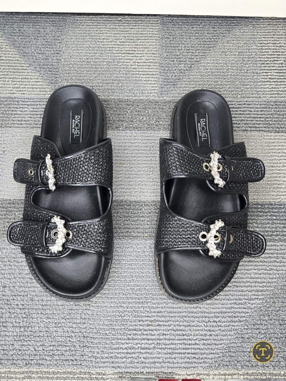 Rachel Matcha Black Women's Slide Sandals with Decorative Buckles
